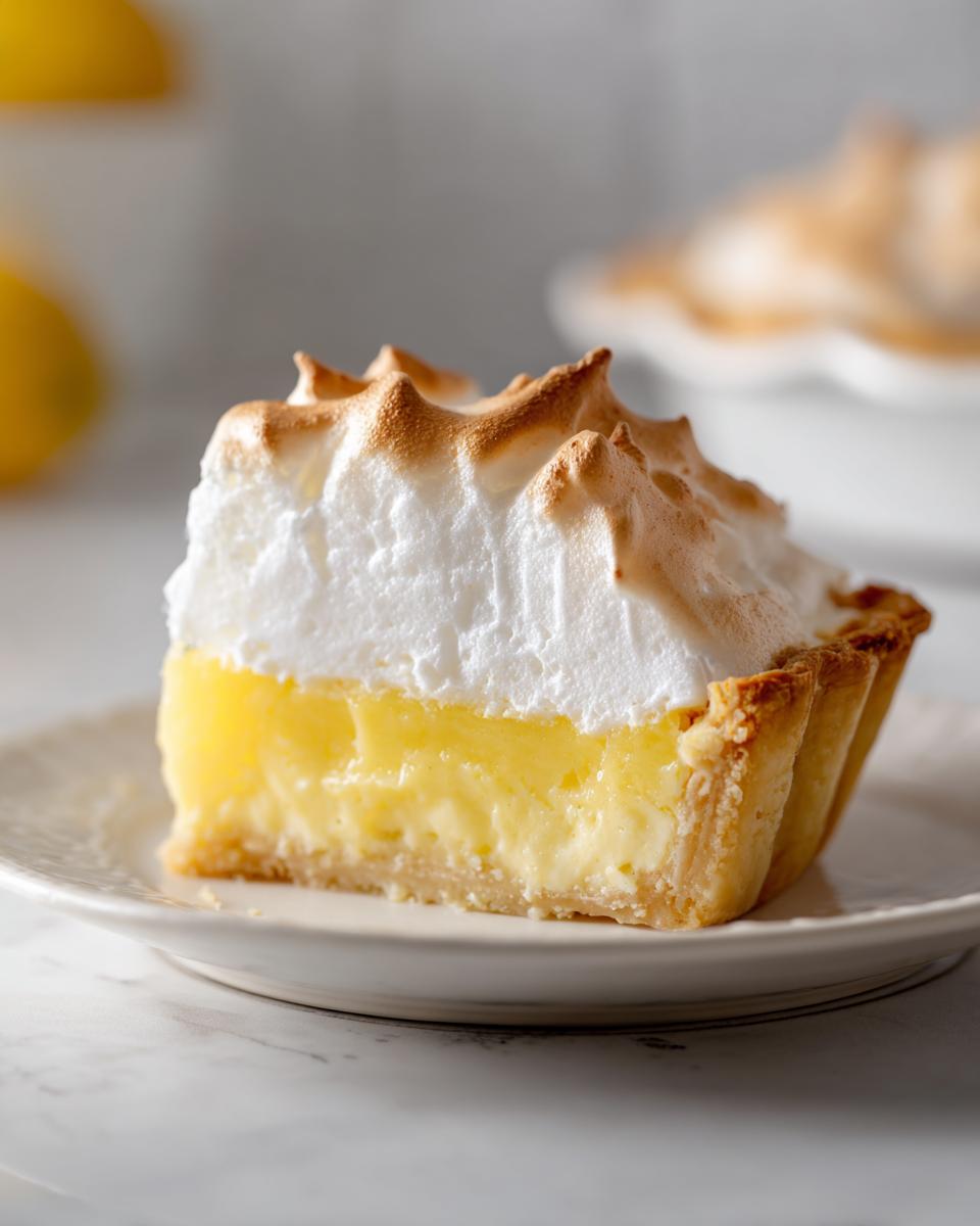 A perfect slice of amazing lemon pie featuring bright yellow curd and toasted meringue peaks on a white plate.
