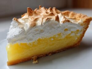 Close-up of a perfect slice of lemon pie showing bright yellow filling and toasted meringue.
