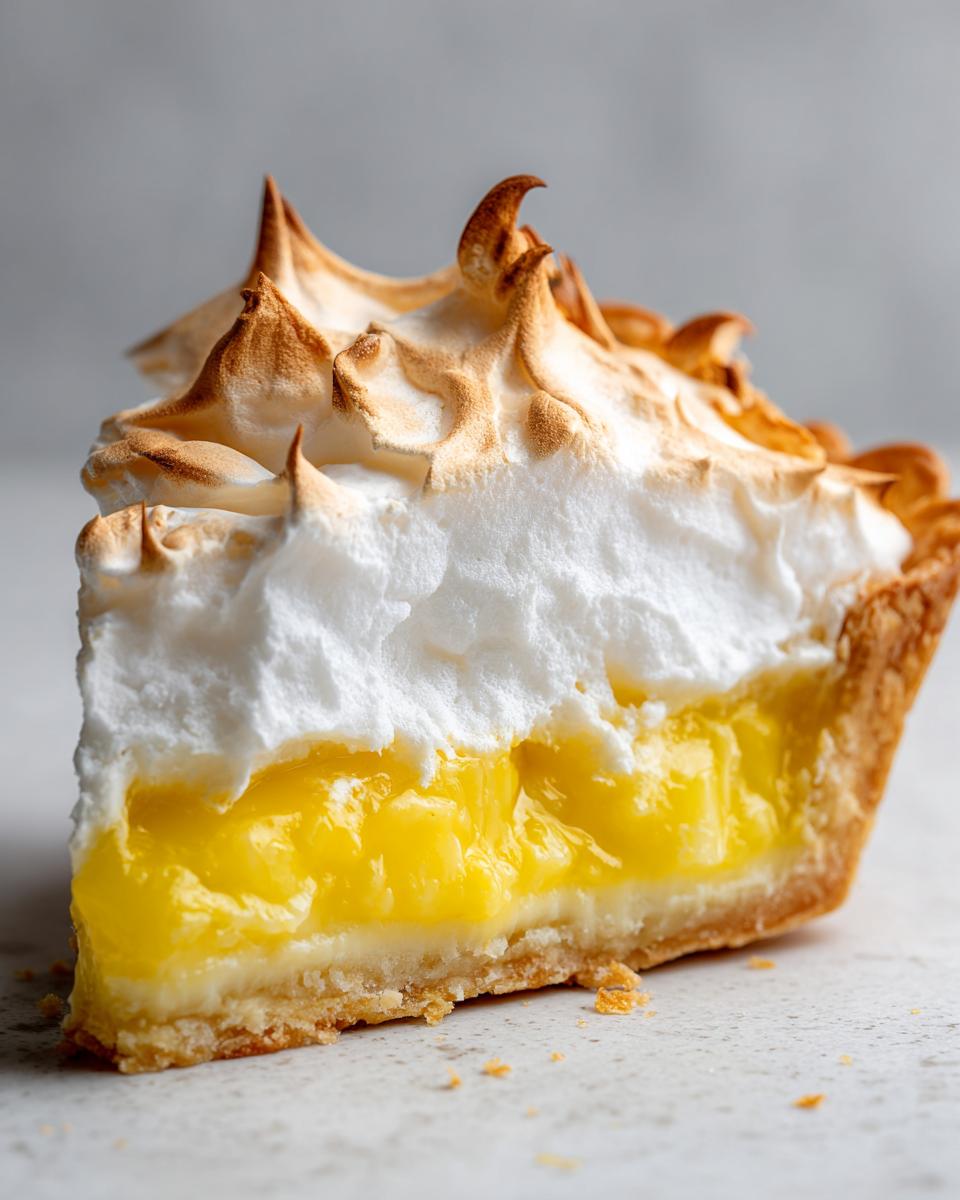 Close-up of a thick slice of lemon pie showing bright yellow filling and tall, toasted meringue topping.