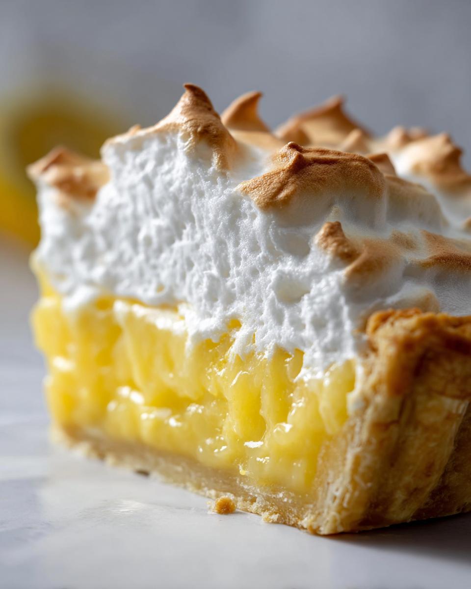 A close-up, cross-section view of a slice of amazing lemon pie featuring bright yellow curd and toasted meringue topping.