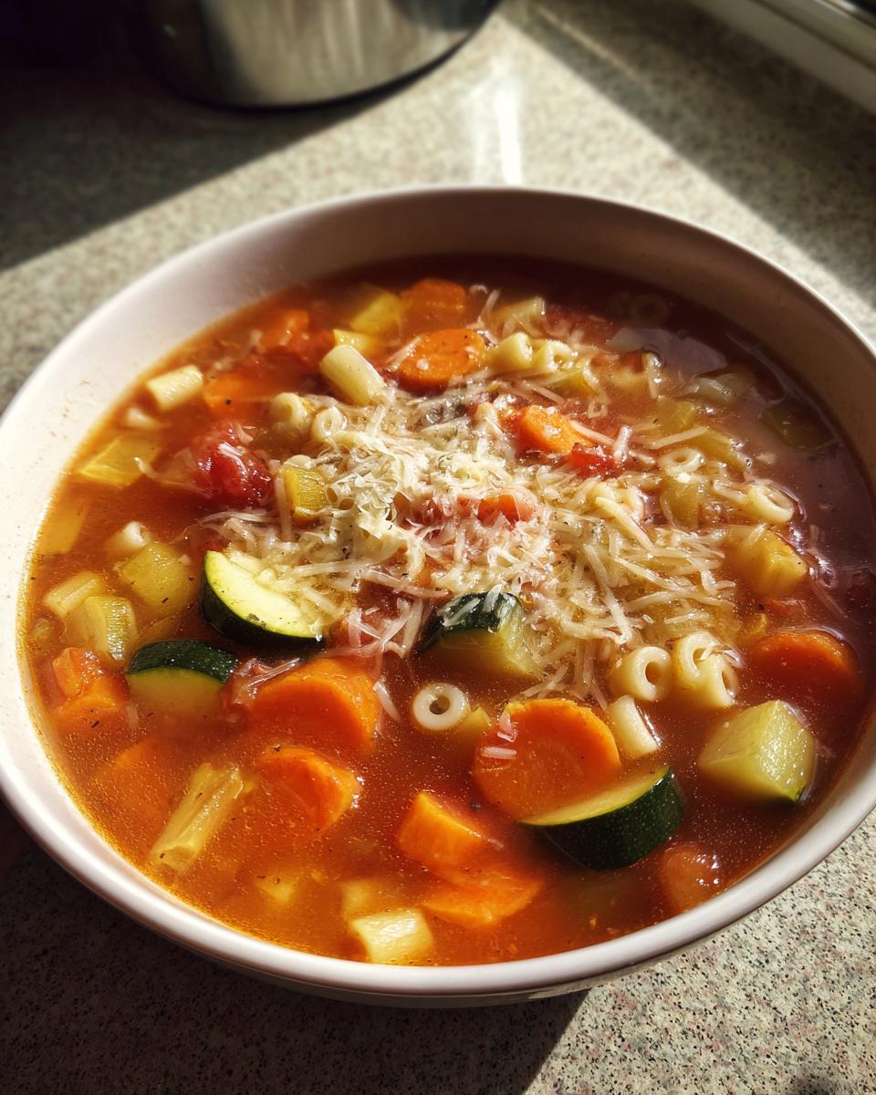 A close-up of a bowl of rich, tomato-based minestrone soup filled with carrots, zucchini, pasta, and topped with grated Parmesan cheese.