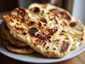 A stack of fluffy, golden-brown naan bread with characteristic charred bubbles, served on a white plate.