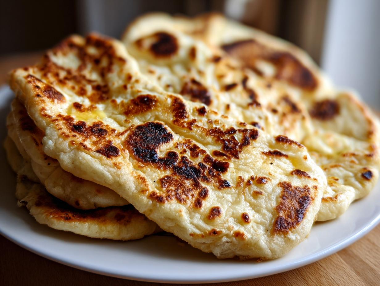 A stack of fluffy, golden-brown naan bread with characteristic charred bubbles, served on a white plate.