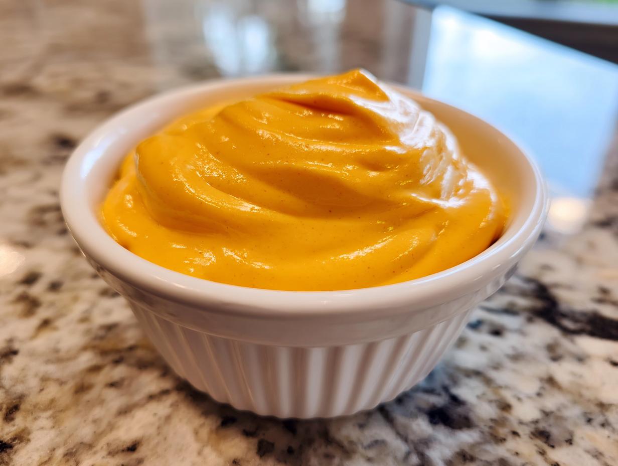 Close-up of thick, vibrant orange nacho cheese sauce swirled perfectly in a small white ramekin.