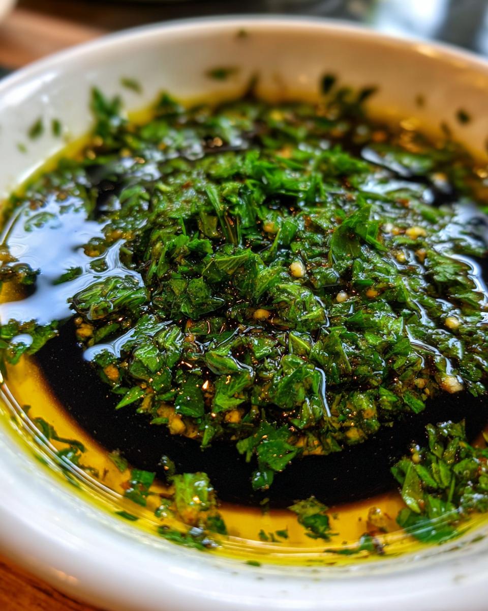 Close-up of a white bowl containing olive oil bread dip with dark balsamic vinegar and fresh chopped green herbs.