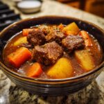Close-up of a dark bowl filled with rich, savory pork stew chunks, carrots, and potatoes.