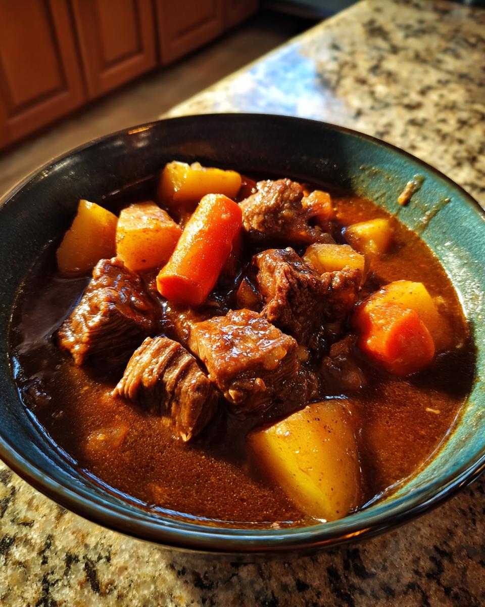 Close-up of a rich, dark brown bowl of pork stew featuring tender chunks of meat, potatoes, and carrots.