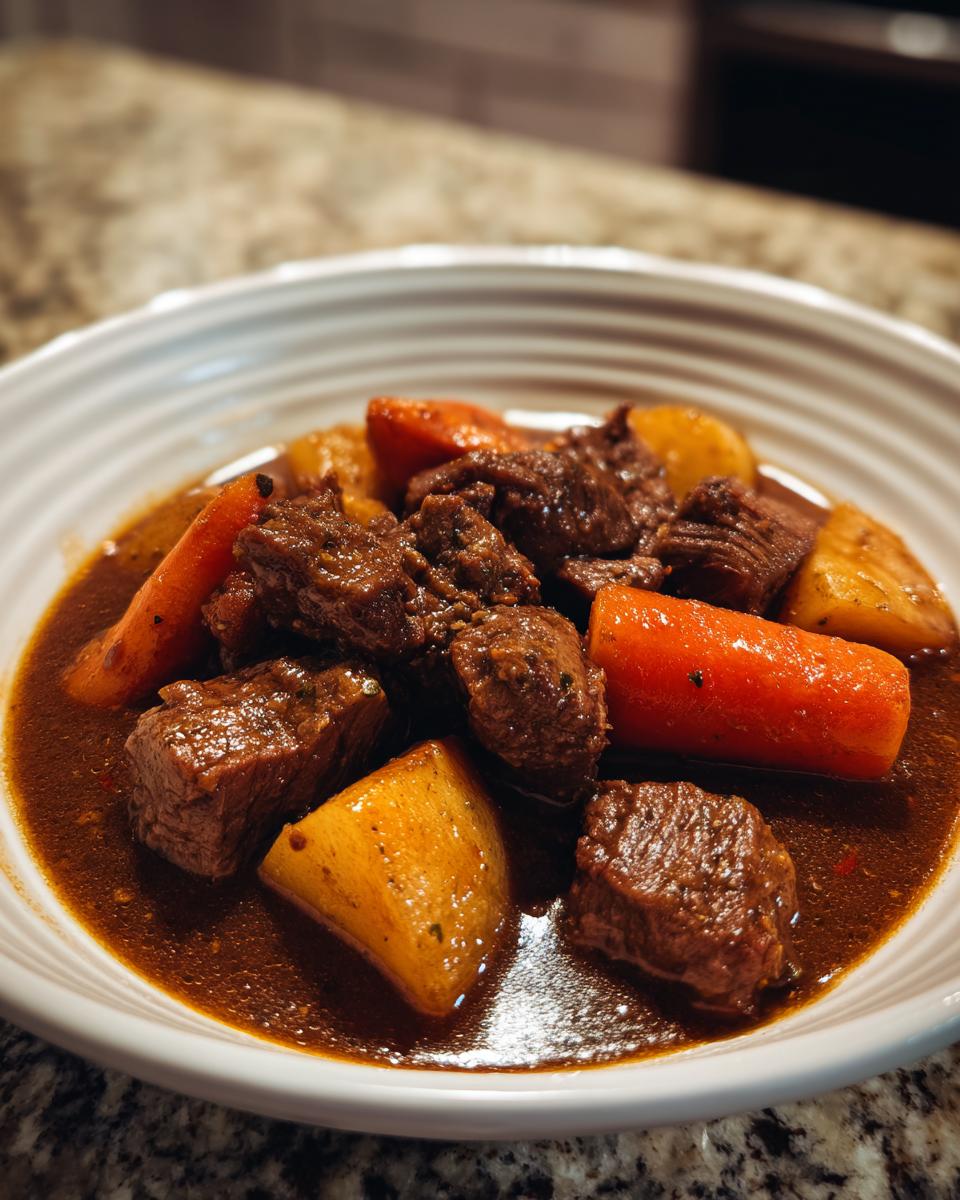 A close-up view of a hearty bowl of rich, dark pork stew featuring tender chunks of meat, bright carrots, and potatoes.