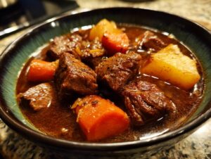 Close-up of tender chunks of pork stew with carrots and potatoes in a rich, dark gravy.