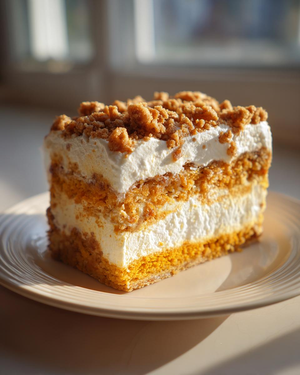A perfect square slice of pumpkin crunch dessert showing layers of orange pumpkin cake, white cream, and a crunchy topping.