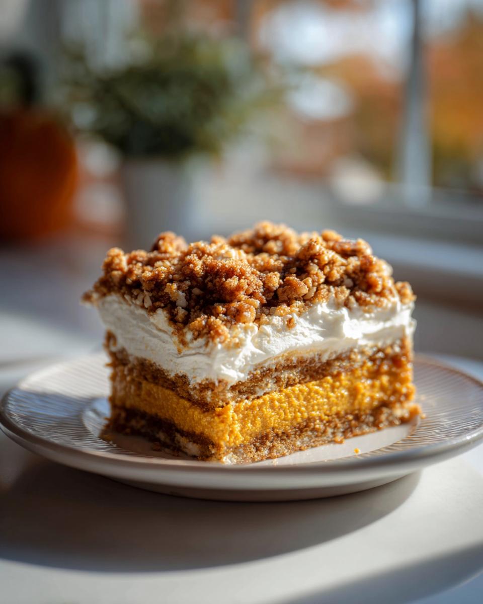 A perfect slice of layered pumpkin crunch dessert featuring a bright orange pumpkin layer, whipped topping, and crunchy crumble.