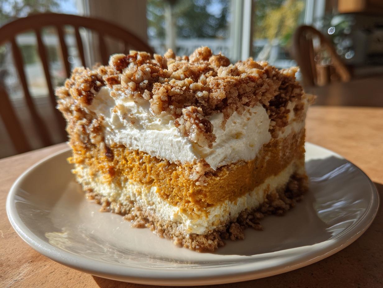 A layered slice of pumpkin crunch dessert featuring a crust, cream cheese layer, pumpkin filling, whipped cream, and pecan topping.
