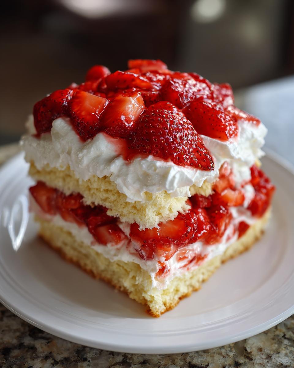 A decadent square slice of strawberry shortcake layered with cake, whipped cream, and macerated strawberries.