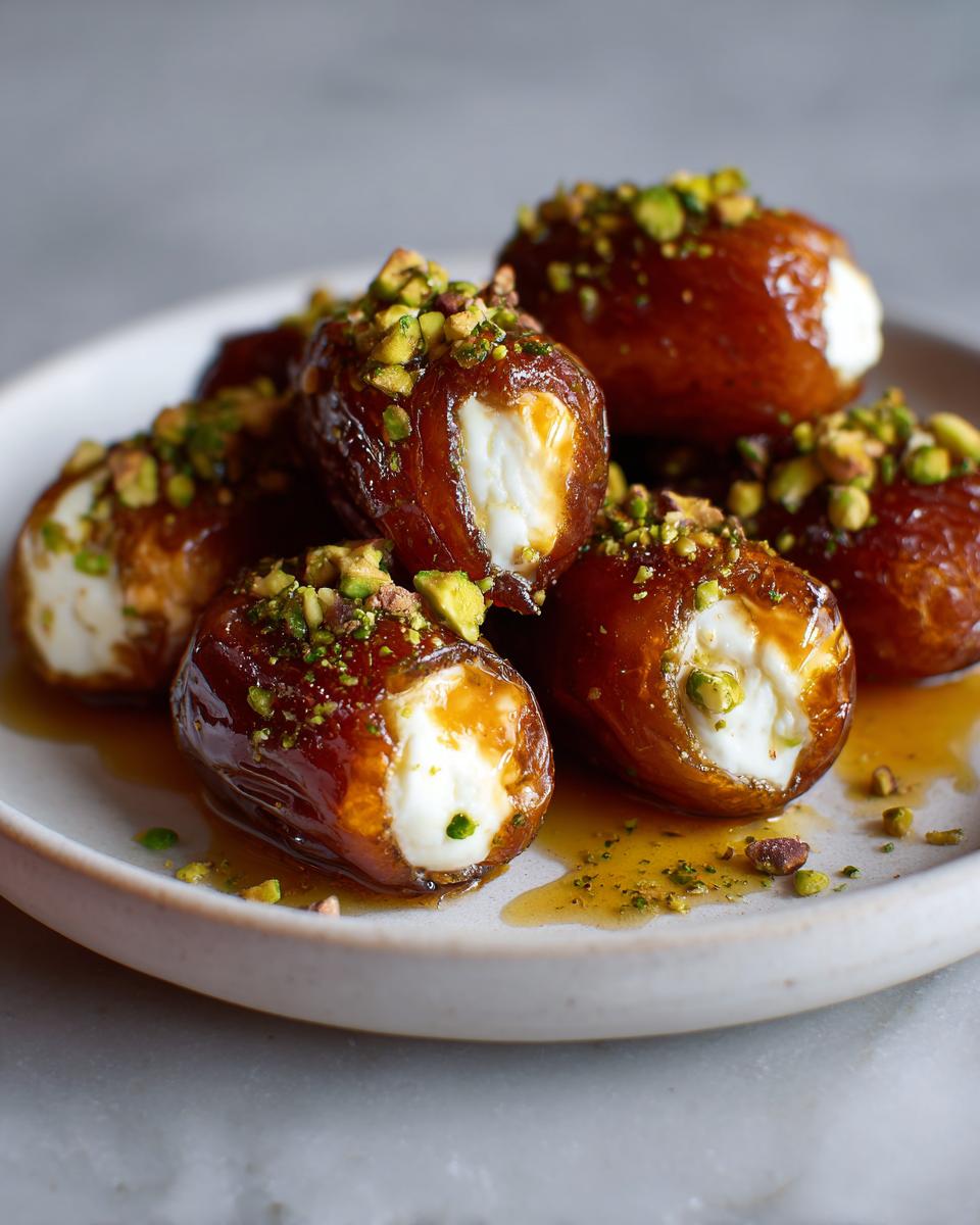 A close-up of several glossy stuffed dates filled with white cheese and drizzled with honey, topped with chopped pistachios.