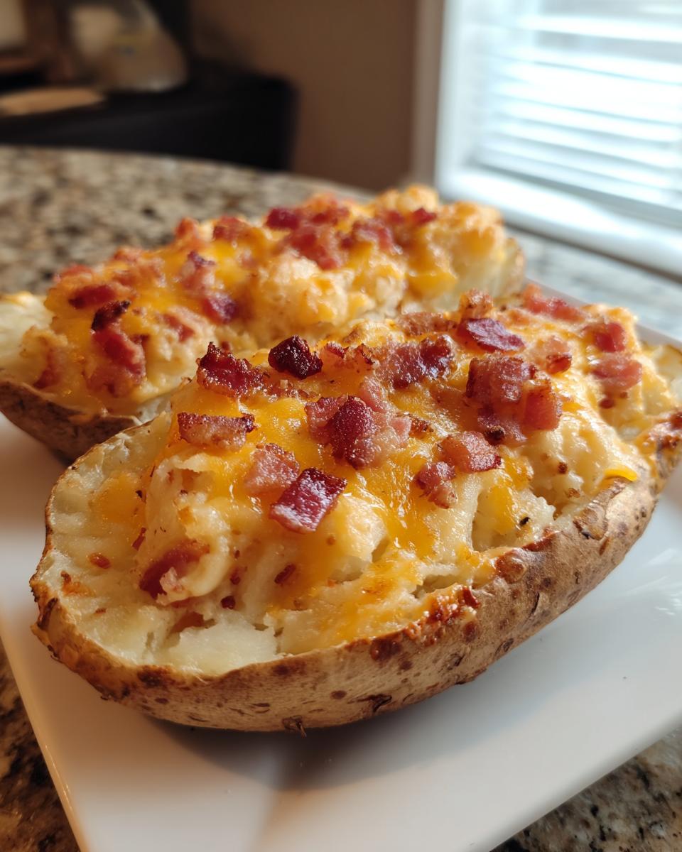 Two perfectly prepared twice baked potatoes loaded with creamy filling, melted cheddar cheese, and crispy bacon bits.