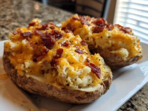 Two delicious twice baked potatoes loaded with melted cheddar cheese and crispy bacon bits served on a white plate.