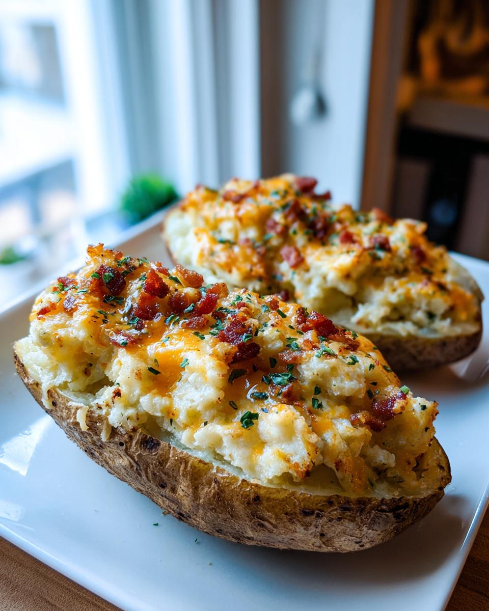 Two perfectly prepared twice baked potatoes, loaded with cheesy filling, bacon bits, and chives, served on a white plate.