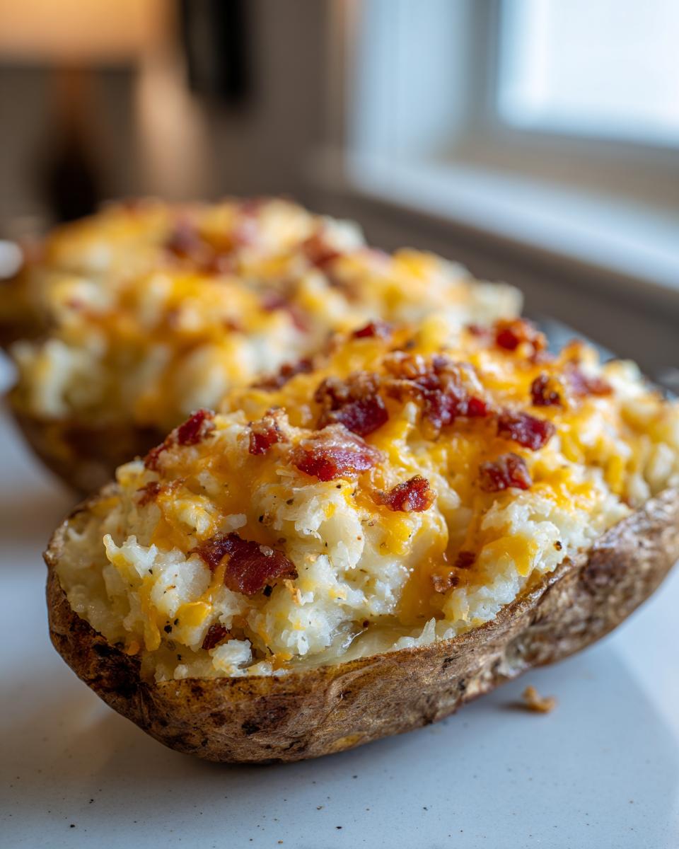 A close-up of delicious twice baked potatoes stuffed with creamy filling, melted cheddar cheese, and crispy bacon bits.
