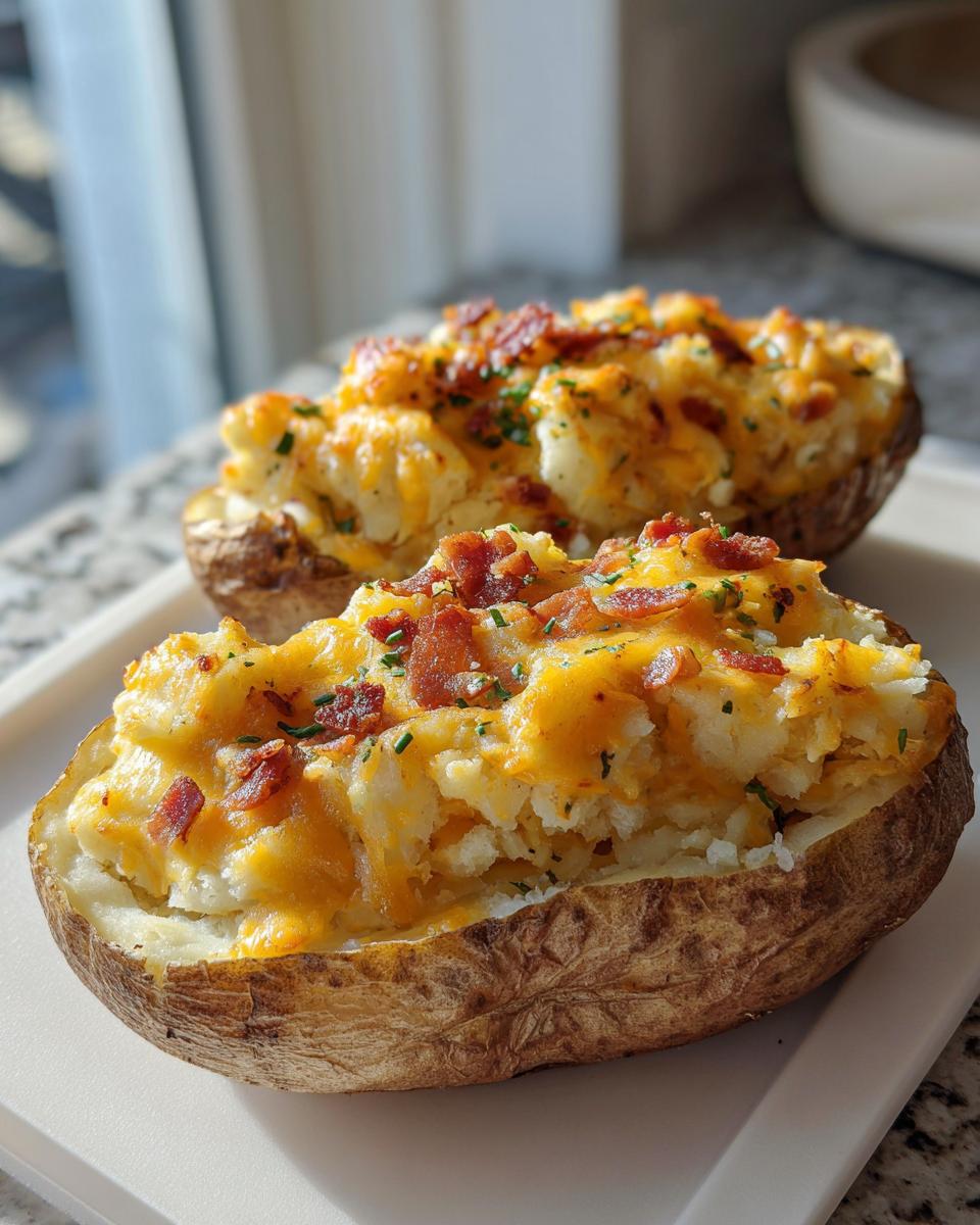 Two perfectly prepared twice baked potatoes loaded with mashed potato filling, melted cheddar cheese, and bacon bits.