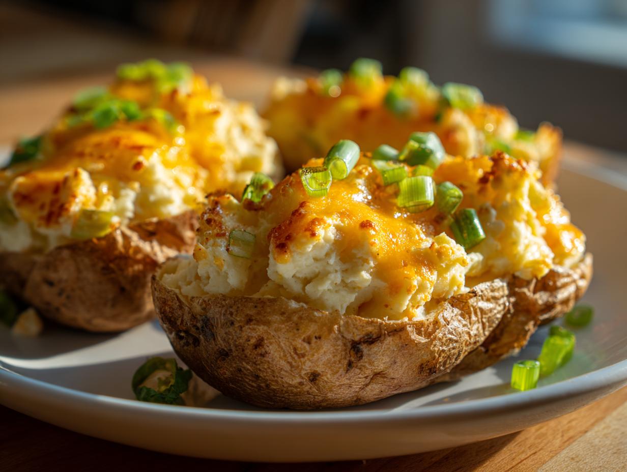 Three servings of amazing twice baked potatoes, stuffed with creamy filling, melted cheddar cheese, and topped with green onions.