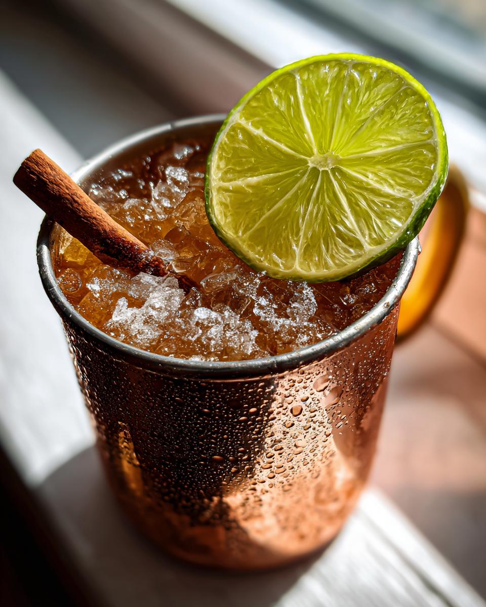 Close-up of a frosty copper mug filled with an apple cider Moscow mule, ice, lime slice, and cinnamon stick.