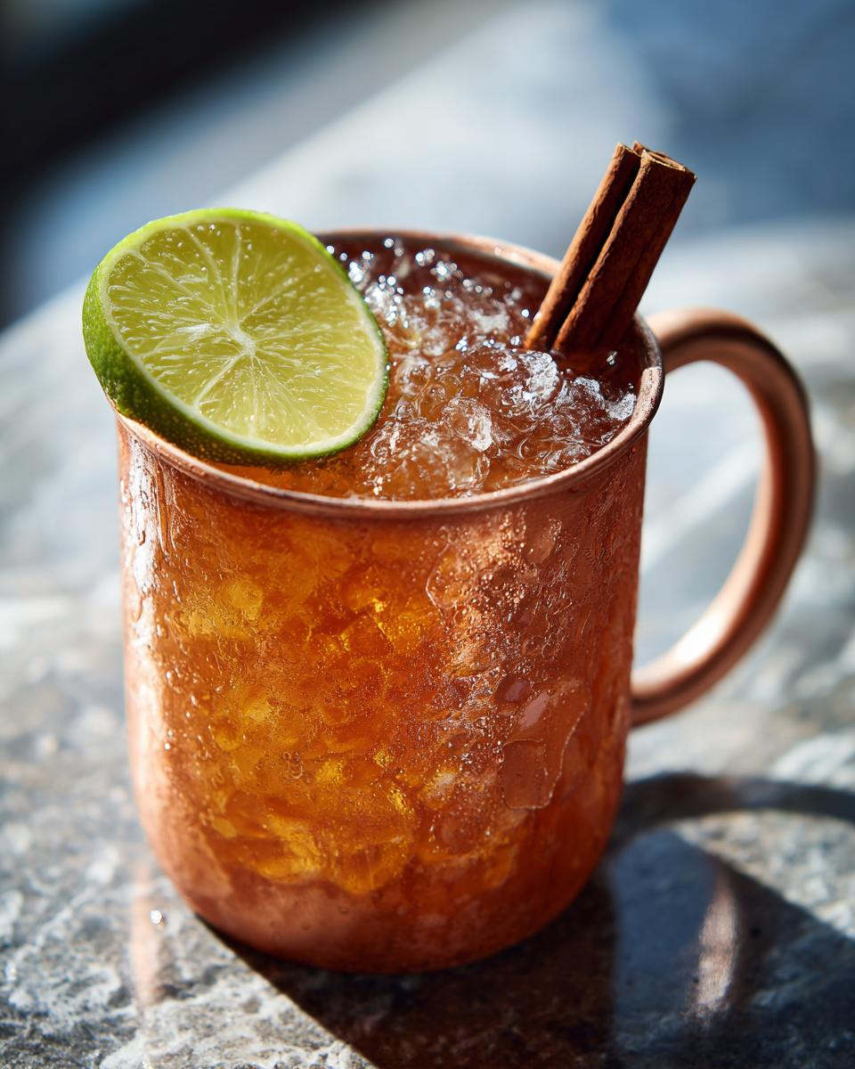 Close-up of a frosty copper mug filled with an Apple Cider Moscow Mule, garnished with a lime wheel and cinnamon sticks.