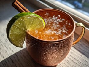 Close-up of a frosty copper mug filled with an apple cider Moscow mule, garnished with a lime wedge and cinnamon stick.