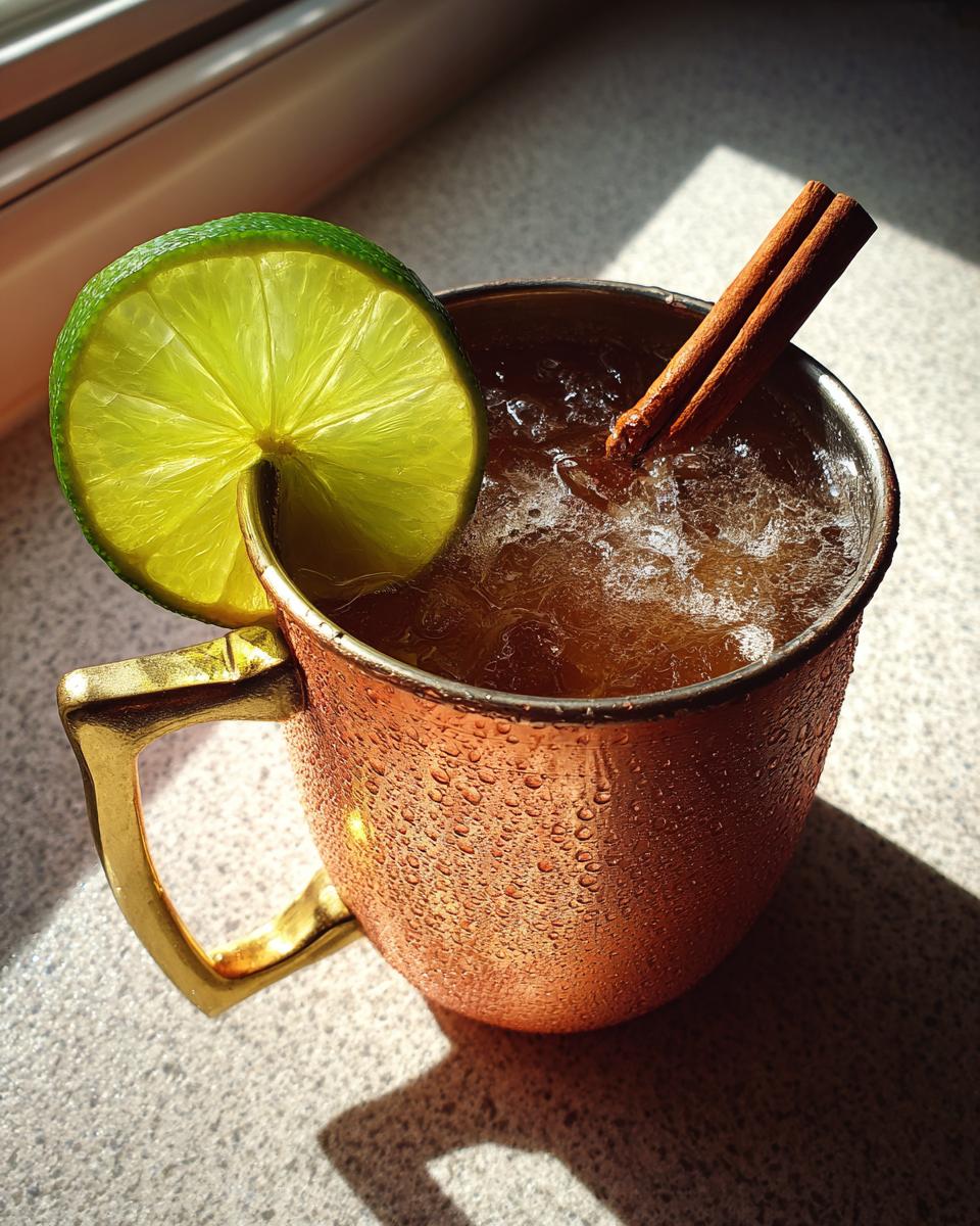 Close-up of a cold Apple Cider Moscow Mule in a copper mug, garnished with a lime slice and cinnamon sticks.