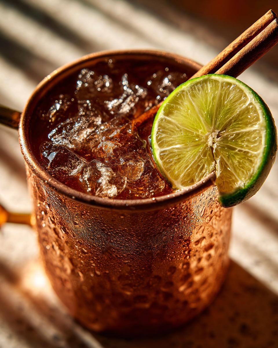 Close-up of a cold Apple Cider Moscow Mule cocktail in a condensation-covered copper mug, garnished with lime and cinnamon sticks.