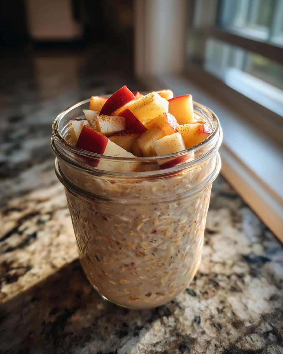 Close-up of apple cinnamon overnight oats in a glass jar, topped with fresh diced apples and cinnamon.