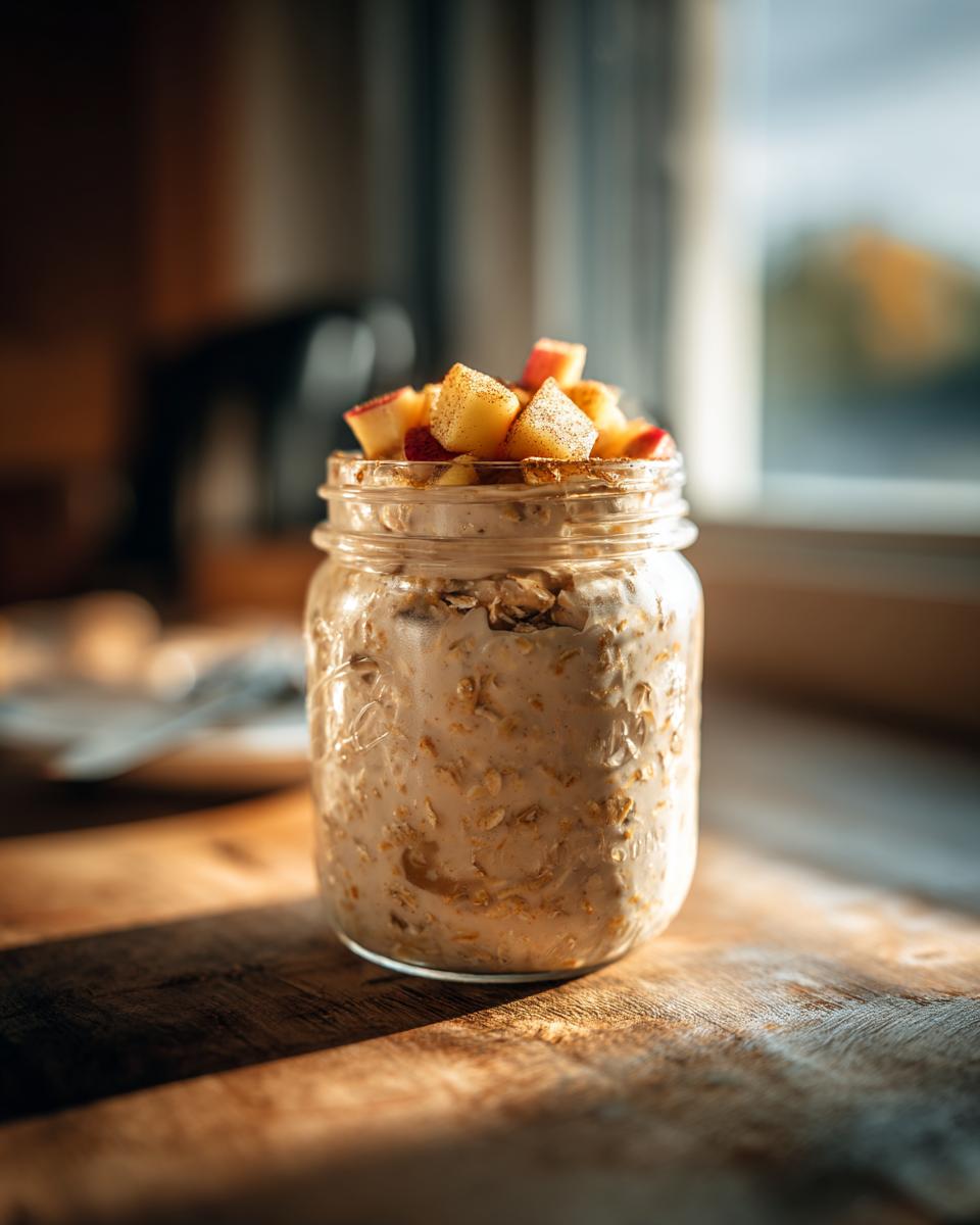 A glass jar filled with creamy apple cinnamon overnight oats, topped with diced apples and cinnamon.
