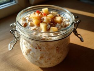 Close-up of apple cinnamon overnight oats prepared in a glass jar, topped with diced apples and cinnamon.