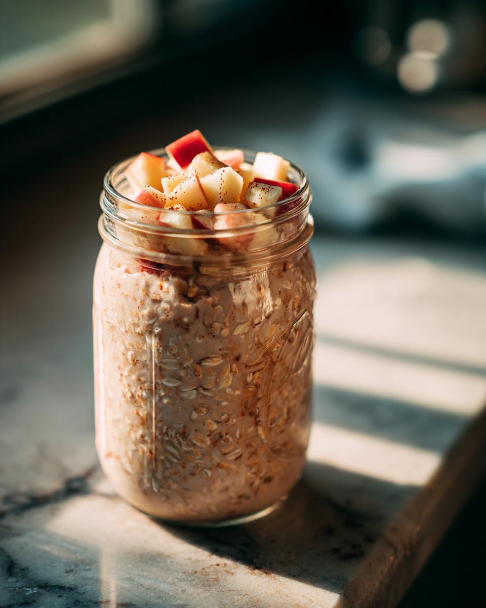 A glass jar filled with creamy apple cinnamon overnight oats, topped with diced fresh red apples and cinnamon.