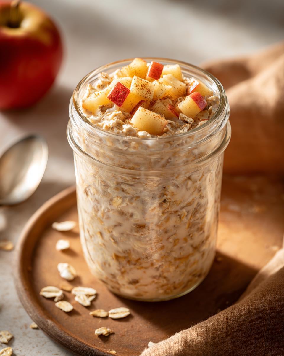 A glass jar filled with creamy apple cinnamon overnight oats, topped with diced red apples and cinnamon.