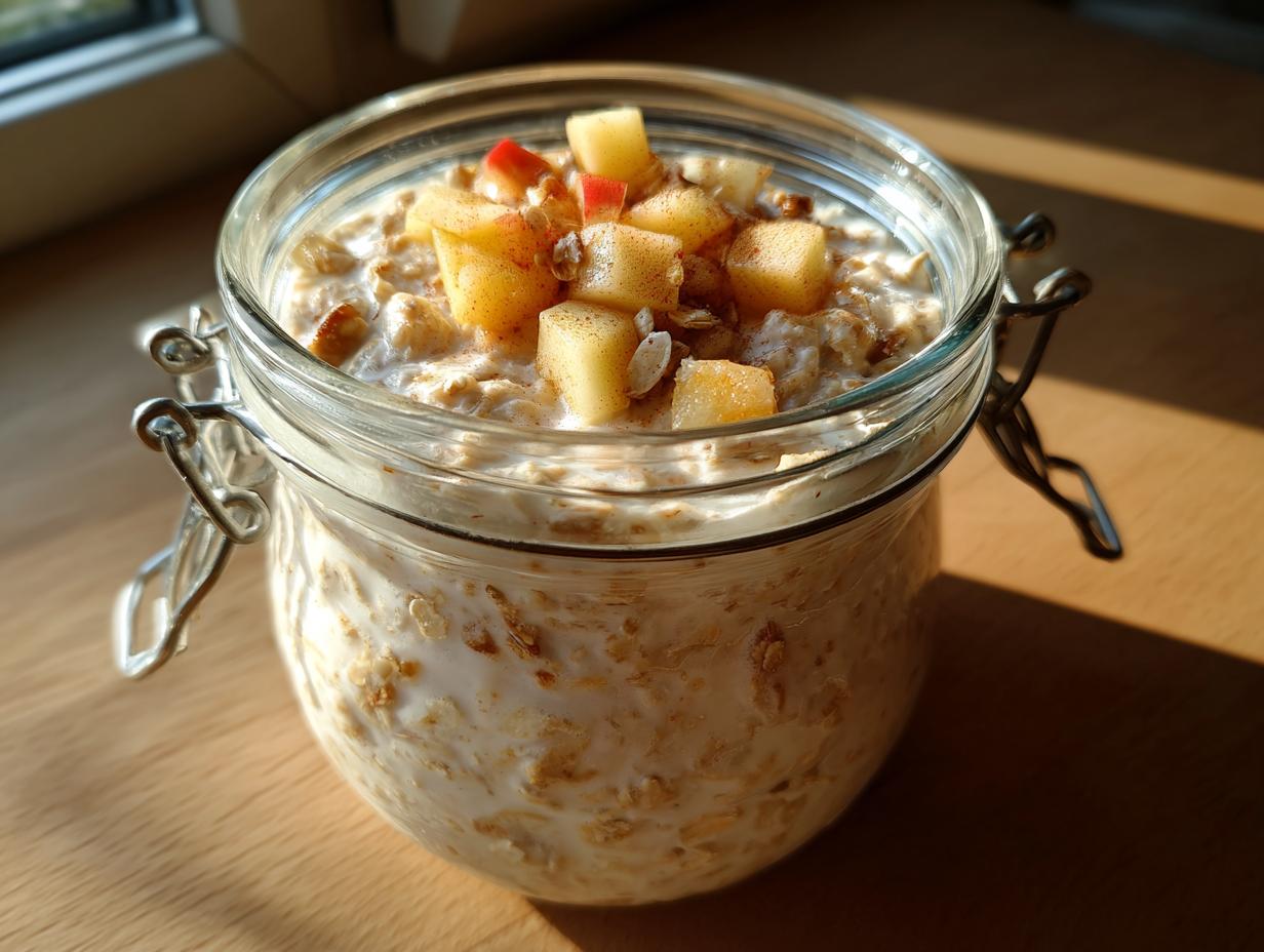 Close-up of apple cinnamon overnight oats prepared in a glass jar, topped with diced apples and cinnamon.