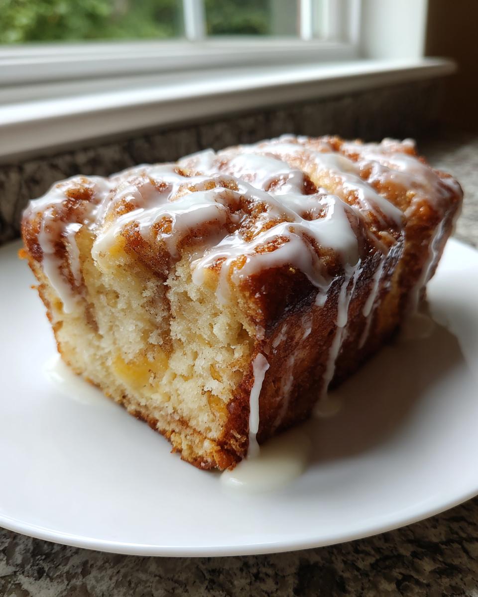 A moist slice of apple fritter bread topped with thick white icing, sitting on a white plate.