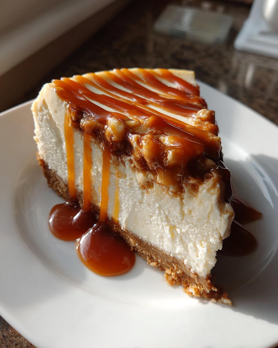 A rich slice of apple pie cheesecake topped with caramel sauce and nuts, dripping onto a white plate.