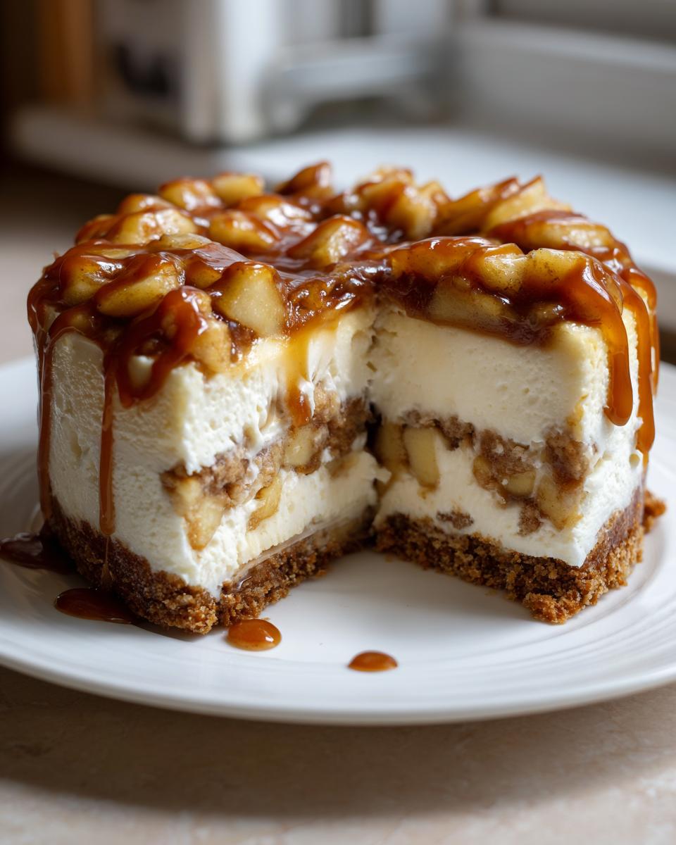 A slice cut from a rich apple pie cheesecake topped with spiced apples and caramel sauce.