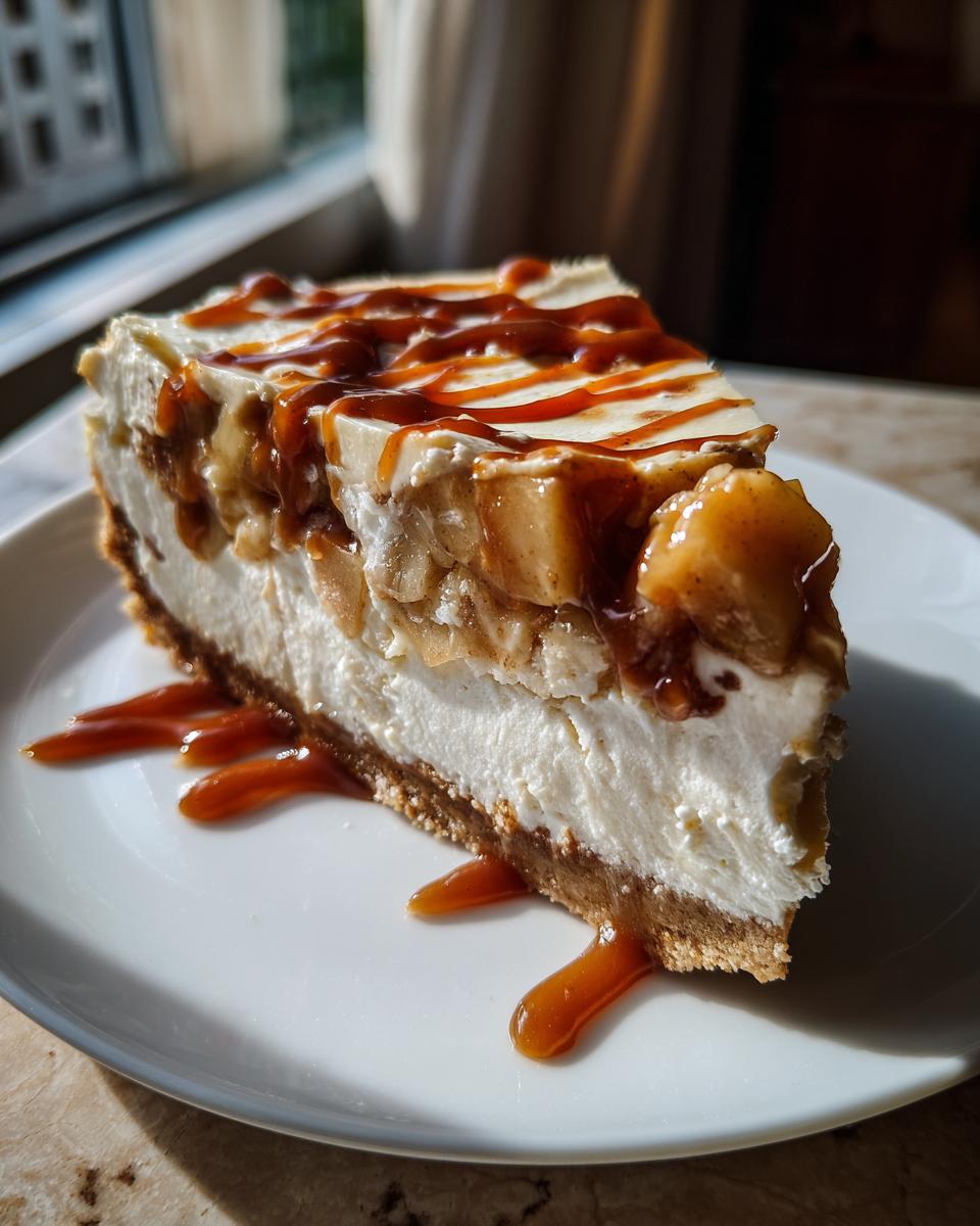 A rich slice of apple pie cheesecake topped with spiced apples and a generous caramel drizzle.