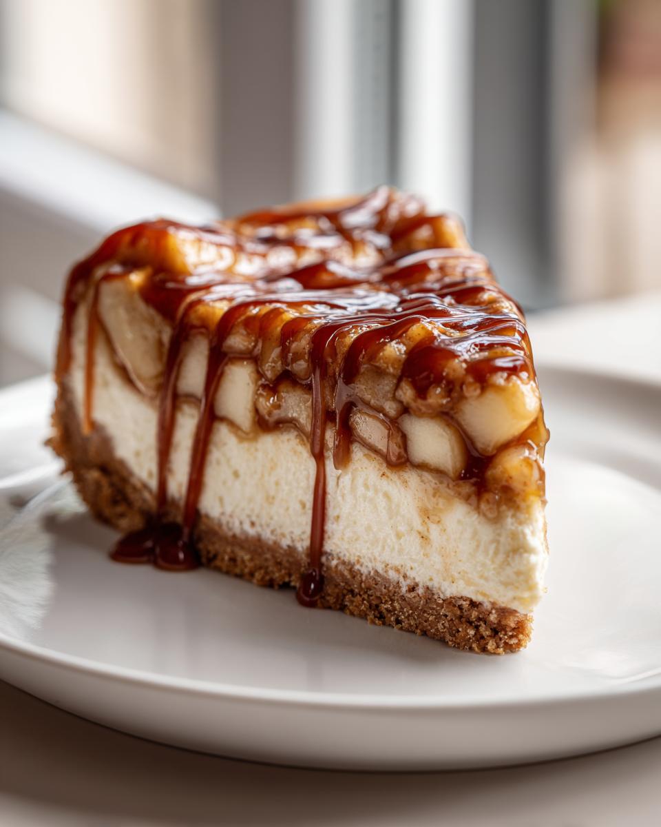 A close-up of a rich slice of apple pie cheesecake topped with caramelized apples and drizzled with thick caramel sauce.