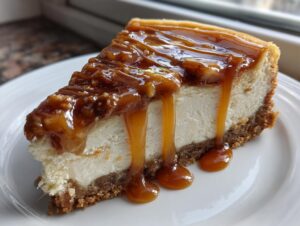 A decadent slice of apple pie cheesecake topped with chunky caramel sauce dripping down the sides.