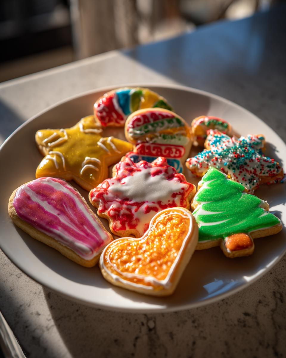 A plate of assorted holiday-shaped sugar cookies decorated with colorful, hardened sugar cookie icing.