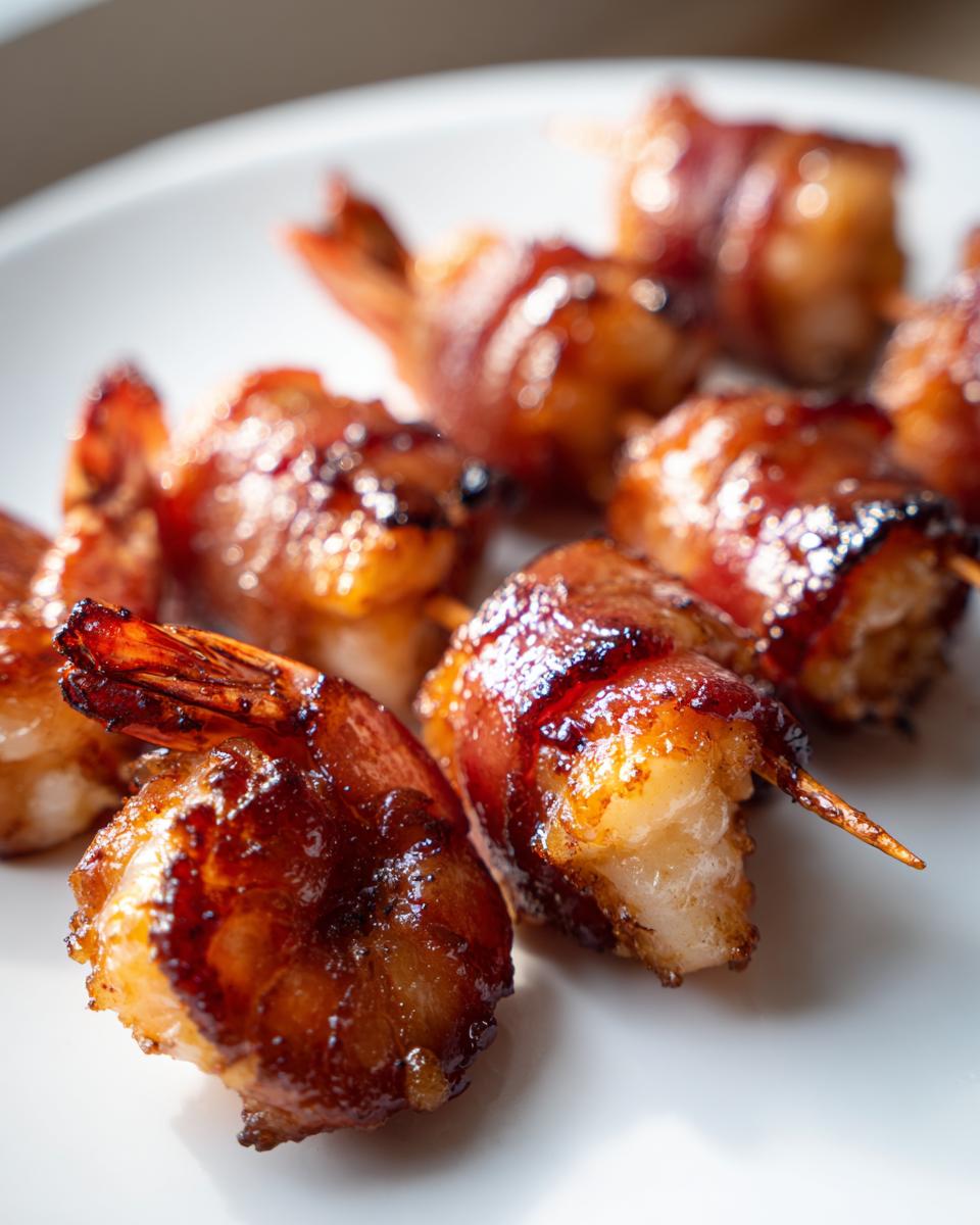 Close-up of several perfectly cooked, glazed bacon wrapped shrimp appetizers served on a white plate.