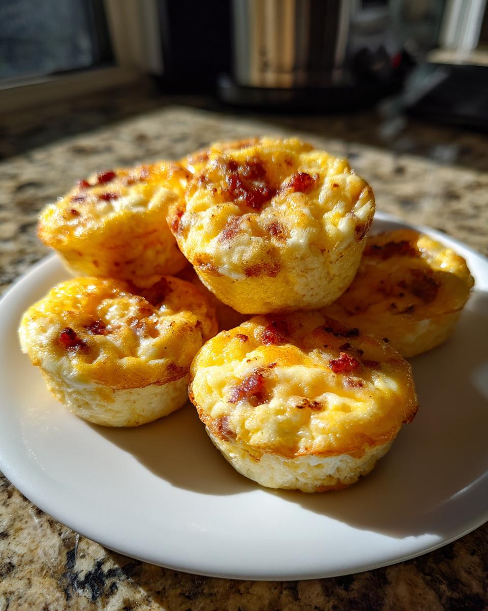 Five golden brown baked egg bites, likely containing bacon, stacked on a white plate.