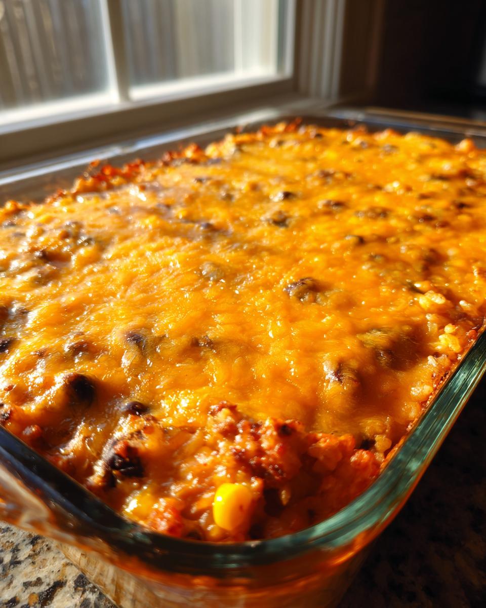 A close-up of a baked mexican rice casserole in a glass dish, topped with bubbly, melted orange cheddar cheese.