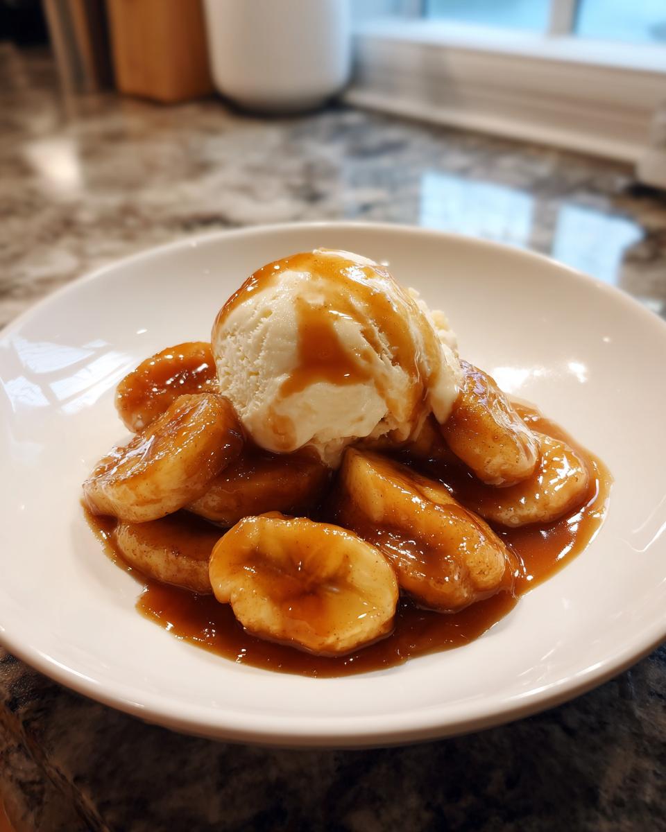 A serving of warm Bananas Foster with caramelized bananas and a scoop of vanilla ice cream drizzled with sauce.