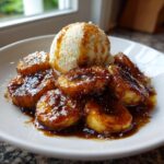 Close-up of caramelized bananas in rich sauce served with a scoop of vanilla ice cream, classic Bananas Foster.