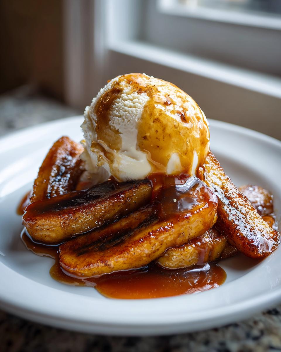 A decadent serving of Bananas Foster featuring caramelized bananas topped with vanilla ice cream and rich caramel sauce.
