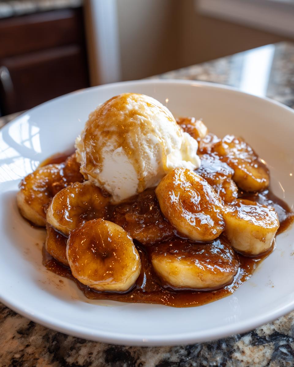 Close-up of warm, caramelized bananas foster topped with a scoop of melting vanilla ice cream.