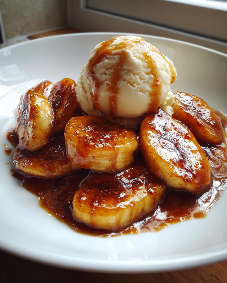 A close-up of rich, caramelized bananas foster served with a scoop of vanilla ice cream in a white bowl.